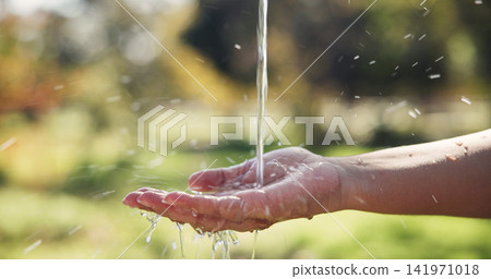 Nature, water and person washing hands outdoor for hygiene, sanitation and grooming with self care. Wellness, health and cleaning skin in park for removal of dirt, germs or bacteria in countryside. Nature, water and person washing hands outdoor for hygiene, sanitation and grooming with self care. Wellness, health and cleaning skin in park for removal of dirt, germs or bacteria in countryside. 141971018