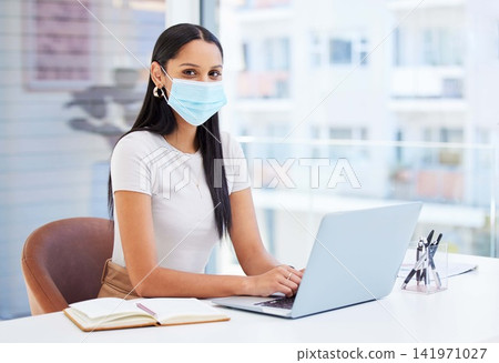 Woman, face mask and portrait in office with laptop, risk of bird flu or virus with protection, policy and regulations at work. Employee in compliance, healthcare rules and safety from H5N1 strain Woman, face mask and portrait in office with laptop, risk of bird flu or virus with protection, policy and regulations at work. Employee in compliance, healthcare rules and safety from H5N1 strain 141971027