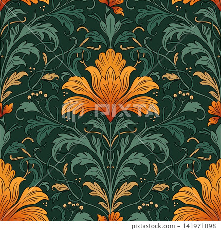 Art Nouveau Seamless Pattern With Vintage Iris Flowers And Antique Ornamental Leaves Art Nouveau Seamless Pattern With Vintage Iris Flowers And Antique Ornamental Leaves 141971098