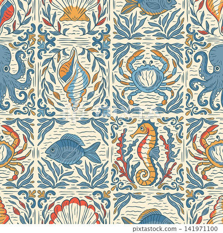 Mediterranean Sea Delft Tiles Seamless Vector Tile Pattern with Seahorse, Octopus, Crabs, Shells and Fish in Handdrawn Vintage Sketch 141971100