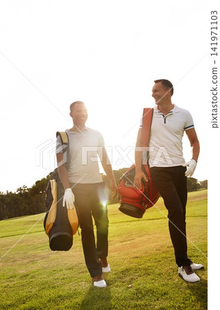 Sports, golf and friends on field walking for game, match and competition on golfing course. Recreation, hobby and athlete men with club driver on grass for training, fitness and practice outdoors Sports, golf and friends on field walking for game, match and competition on golfing course. Recreation, hobby and athlete men with club driver on grass for training, fitness and practice outdoors 141971103