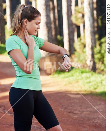 Woman, nature and pulse on neck for fitness, health and performance with smartwatch. Athlete, countryside and heart rate for training, wellness and cardio progress or exercise with watch outdoor Woman, nature and pulse on neck for fitness, health and performance with smartwatch. Athlete, countryside and heart rate for training, wellness and cardio progress or exercise with watch outdoor 141971110