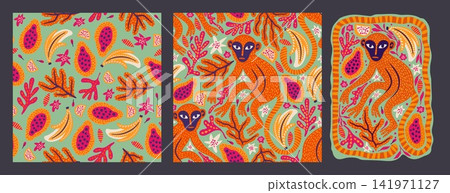 Whimsical Monkey Exotic Vintage Seamless Pattern Background Set Tropical Jungle Wild Boho Vector Collection Whimsical Monkey Exotic Vintage Seamless Pattern Background Set Tropical Jungle Wild Boho Vector Collection 141971127