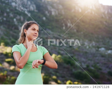 Woman, outdoor and pulse on neck for fitness, health and performance with smartwatch. Athlete, countryside and heart rate for training, wellness and cardio progress or exercise with watch in nature Woman, outdoor and pulse on neck for fitness, health and performance with smartwatch. Athlete, countryside and heart rate for training, wellness and cardio progress or exercise with watch in nature 141971128