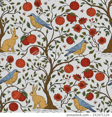 Whimsical Bohemian Boho Garden Seamless Pattern With Rabbit Bird Apple Fruit Tree Blooming Flower Whimsical Bohemian Boho Garden Seamless Pattern With Rabbit Bird Apple Fruit Tree Blooming Flower 141971129