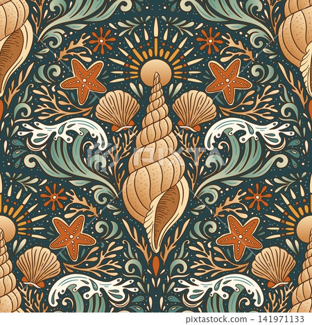Vintage Boho Shell Seamless Pattern Starfish Wave Sun Seashell Coastal Intricate Sea Summer Background Vintage Boho Shell Seamless Pattern Starfish Wave Sun Seashell Coastal Intricate Sea Summer Background 141971133