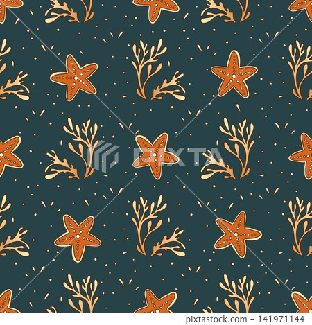 Vintage Starfish Seaweed Coastal Seamless Pattern Ornamental Marine Summer Motif Vintage Starfish Seaweed Coastal Seamless Pattern Ornamental Marine Summer Motif 141971144