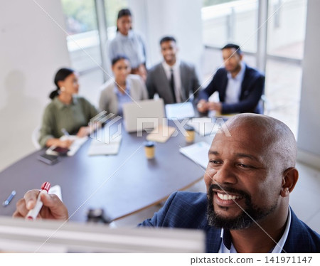 Business meeting, mature man and presentation with office team for creative, planning or solution discussion. Leadership, writing or group of people with support for manager with storyboard notes Business meeting, mature man and presentation with office team for creative, planning or solution discussion. Leadership, writing or group of people with support for manager with storyboard notes 141971147