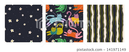 Whimsical Cute Cat Seamless Pattern Set Floral Elements Cartoon Cats Vector Background Whimsical Cute Cat Seamless Pattern Set Floral Elements Cartoon Cats Vector Background 141971149