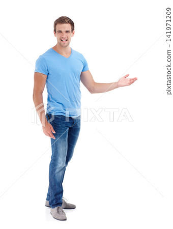 Man, portrait and hand in studio with showing for advertising space, information and promotion sign. Model, smile and confidence for announcement, presentation and mockup news on white background Man, portrait and hand in studio with showing for advertising space, information and promotion sign. Model, smile and confidence for announcement, presentation and mockup news on white background 141971209