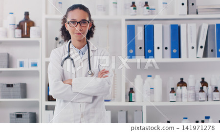 Science, portrait or woman doctor with arms crossed in laboratory for innovation, healthcare or research. Medicine, pharma or stethoscope for medical consulting, examination or clinical trial results Science, portrait or woman doctor with arms crossed in laboratory for innovation, healthcare or research. Medicine, pharma or stethoscope for medical consulting, examination or clinical trial results 141971278