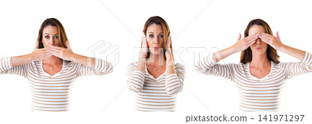 Collage, woman in portrait and surprise in white background with comic, goofy and hands on face in studio. Female person, funny and comedy with different emotion, silly expression or reaction Collage, woman in portrait and surprise in white background with comic, goofy and hands on face in studio. Female person, funny and comedy with different emotion, silly expression or reaction 141971297