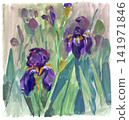 Expressive gouache painting of purple irises in a garden 141971846
