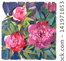 Expressive gouache painting of pink peonies with lush green foliage 141971853