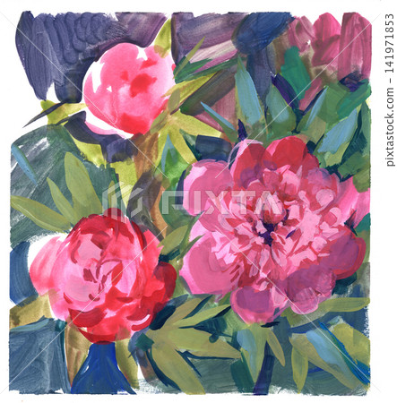 Expressive gouache painting of pink peonies with lush green foliage Expressive gouache painting of pink peonies with lush green foliage 141971853