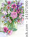 Delicate watercolor painting of a romantic pink floral bouquet in a glass vase 141971900