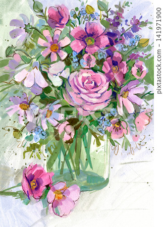 Delicate watercolor painting of a romantic pink floral bouquet in a glass vase Delicate watercolor painting of a romantic pink floral bouquet in a glass vase 141971900