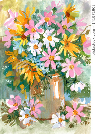 Expressive watercolor painting of a colorful wildflower bouquet in a glass vase Expressive watercolor painting of a colorful wildflower bouquet in a glass vase 141971902