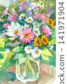 Vibrant watercolor painting of a fresh wildflower bouquet in a clear glass jar 141971904