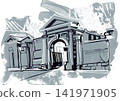 Expressive monochrome ink illustration of a historic architectural gate with arches 141971905