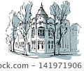 Monochrome architectural sketch with painterly texture and dynamic hand-drawn technique 141971906