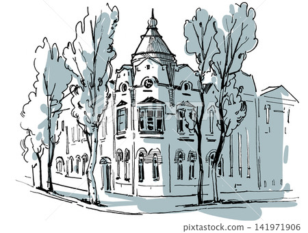 Monochrome architectural sketch with painterly texture and dynamic hand-drawn technique Monochrome architectural sketch with painterly texture and dynamic hand-drawn technique 141971906