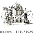 Hand-drawn watercolor and ink illustration of a historic European building 141971929