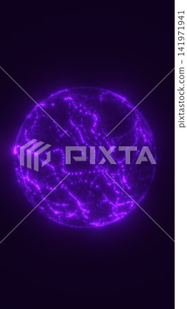 Glowing purple energy sphere formed by flowing particles and luminous lines on a dark futuristic background. Glowing purple energy sphere formed by flowing particles and luminous lines on a dark futuristic background. 141971941