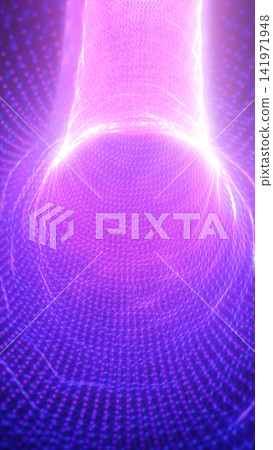 Bright purple wireframe portal with glowing mesh, digital network lines, and futuristic tunnel energy in a neon abstract scene. Bright purple wireframe portal with glowing mesh, digital network lines, and futuristic tunnel energy in a neon abstract scene. 141971948