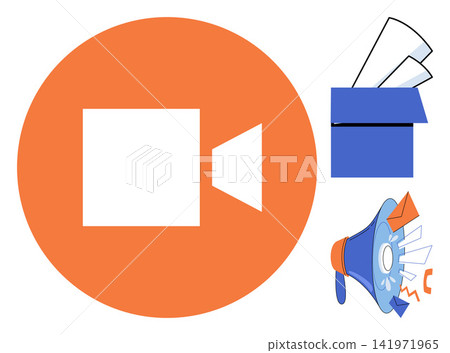 Video call icon with inbox and megaphone vector illustration. Marketing, digital communication, social media, business outreach, notification, online messaging. Multimedia interface symbols Video call icon with inbox and megaphone vector illustration. Marketing, digital communication, social media, business outreach, notification, online messaging. Multimedia interface symbols 141971965