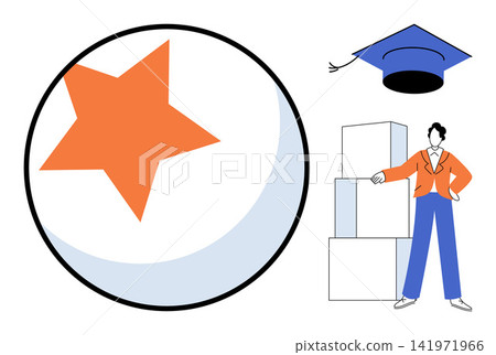 Student standing by blocks with a graduation cap and star icon vector illustration. Academic achievement, career growth, learning goals, professional development, success, knowledge. Pupil near cubes Student standing by blocks with a graduation cap and star icon vector illustration. Academic achievement, career growth, learning goals, professional development, success, knowledge. Pupil near cubes 141971966