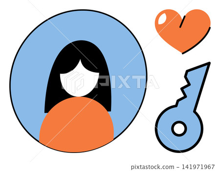 Woman profile icon with heart and key symbols vector illustration. Dating app, account security, love access, personal profile, relationship match, user identity. Female avatar with heart and key 141971967