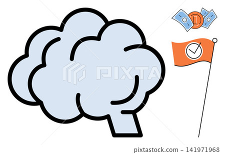 Human brain icon with a financial success flag and currency vector illustration. Business strategy, cognitive development, investment, mental growth, financial planning, goal achievement. Cerebral 141971968