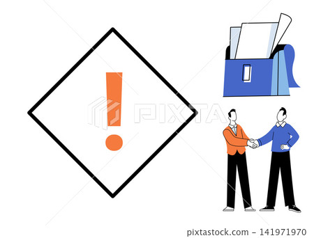 Warning sign with exclamation mark, document folder, and business handshake vector illustration. Corporate compliance, legal agreement, office protocol, risk management, partnership, professional 141971970