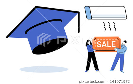 Graduation cap air conditioner and people holding a sale sign vector illustration. Academic achievement, seasonal shopping, climate control, retail discount, student savings, summer education 141971972