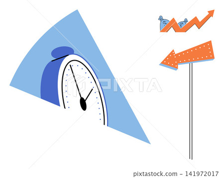 Clock and rising financial graph vector illustration. Business planning, investment growth, time management, economic progress, deadline tracking, market analysis. Watch and arrow sign 141972017