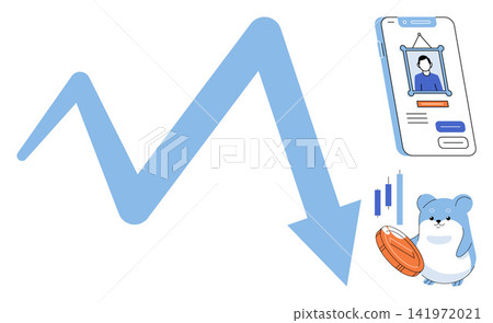 Blue downward arrow with a smartphone profile and a bear holding a coin vector illustration. Economic crisis, market crash, investment loss, financial failure, trading risk, recession. Declining Blue downward arrow with a smartphone profile and a bear holding a coin vector illustration. Economic crisis, market crash, investment loss, financial failure, trading risk, recession. Declining 141972021