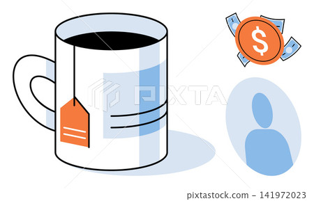 A cup of tea with money and a user profile icon vector illustration. Financial planning, business strategy, investment, productivity, morning routine, corporate finance. Hot beverage with currency A cup of tea with money and a user profile icon vector illustration. Financial planning, business strategy, investment, productivity, morning routine, corporate finance. Hot beverage with currency 141972023