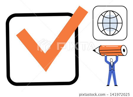 A checklist with a checkmark, a globe icon, and a person holding a pencil vector illustration. Task management, global business, planning, productivity, strategy, teamwork. Completed survey A checklist with a checkmark, a globe icon, and a person holding a pencil vector illustration. Task management, global business, planning, productivity, strategy, teamwork. Completed survey 141972025