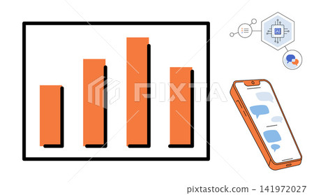 Bar chart and smartphone with chat bubbles vector illustration. Business growth, digital marketing, mobile communication, data analysis, social networking, corporate strategy. Financial graph Bar chart and smartphone with chat bubbles vector illustration. Business growth, digital marketing, mobile communication, data analysis, social networking, corporate strategy. Financial graph 141972027