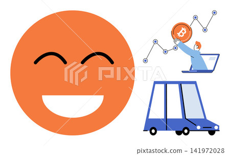 Happy emotion face with a person trading bitcoin on a laptop and a car vector illustration. Finance, investment, transportation, digital currency, growth, mobility. Smiling emoticon with crypto 141972028