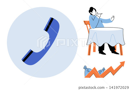 Telephone icon with a person sitting at a table and a rising profit chart vector illustration. Customer service, financial investment, business growth, remote communication, sales, success. Phone Telephone icon with a person sitting at a table and a rising profit chart vector illustration. Customer service, financial investment, business growth, remote communication, sales, success. Phone 141972029