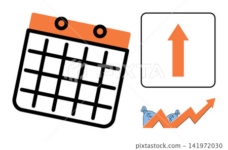 Calendar with rising arrow and financial growth chart vector illustration. Business planning, financial success, investment strategy, profit increase, time management, economic progress. Schedule Calendar with rising arrow and financial growth chart vector illustration. Business planning, financial success, investment strategy, profit increase, time management, economic progress. Schedule 141972030