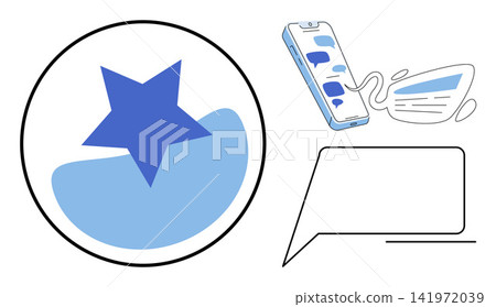 Smartphone with chat bubbles and star rating icon vector illustration. Feedback, customer service, digital communication, online review, mobile messaging, user experience. Phone with speech balloons Smartphone with chat bubbles and star rating icon vector illustration. Feedback, customer service, digital communication, online review, mobile messaging, user experience. Phone with speech balloons 141972039