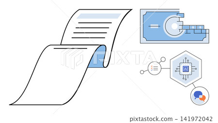 A paper document alongside digital icons of currency and artificial intelligence vector illustration. Financial planning, data analysis, automation, fintech, machine learning, digital strategy A paper document alongside digital icons of currency and artificial intelligence vector illustration. Financial planning, data analysis, automation, fintech, machine learning, digital strategy 141972042