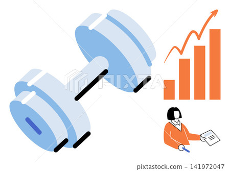 Dumbbell with rising bar chart and businesswoman holding document vector illustration. Fitness progress, business growth, corporate health, performance tracking, success, professional development Dumbbell with rising bar chart and businesswoman holding document vector illustration. Fitness progress, business growth, corporate health, performance tracking, success, professional development 141972047