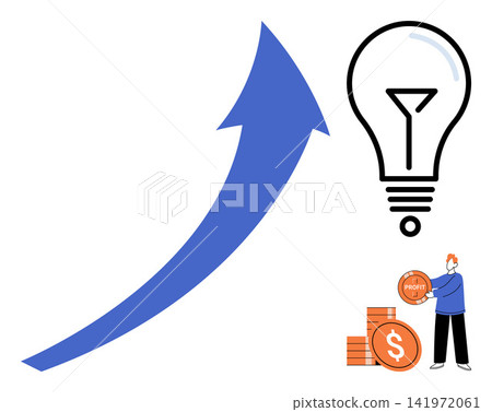 Rising arrow with lightbulb and person holding coins vector illustration. Investment, financial growth, business strategy, startup success, profit increase, creative ideas. Increasing graph with bulb Rising arrow with lightbulb and person holding coins vector illustration. Investment, financial growth, business strategy, startup success, profit increase, creative ideas. Increasing graph with bulb 141972061