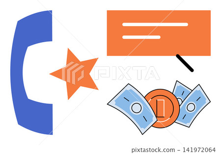Phone handset with star rating and money vector illustration. Customer service, financial feedback, payment processing, business communication, quality assessment, transaction. Telephone receiver Phone handset with star rating and money vector illustration. Customer service, financial feedback, payment processing, business communication, quality assessment, transaction. Telephone receiver 141972064