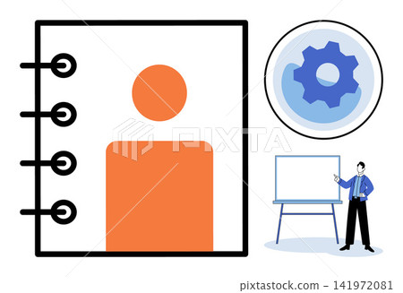 Personal profile notebook and gear icon with a presenter at a whiteboard vector illustration. Human resources, corporate training, project management, business strategy, skill development, planning 141972081