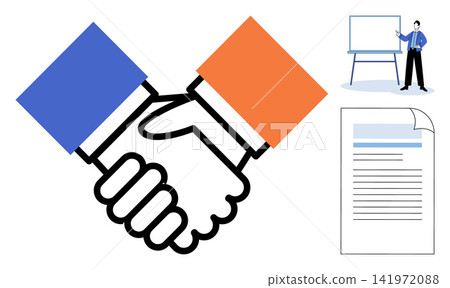 Handshake with document and presentation vector illustration. Partnership, collaboration, business agreement, corporate strategy, professional meeting, project planning. Deal icon with paper Handshake with document and presentation vector illustration. Partnership, collaboration, business agreement, corporate strategy, professional meeting, project planning. Deal icon with paper 141972088
